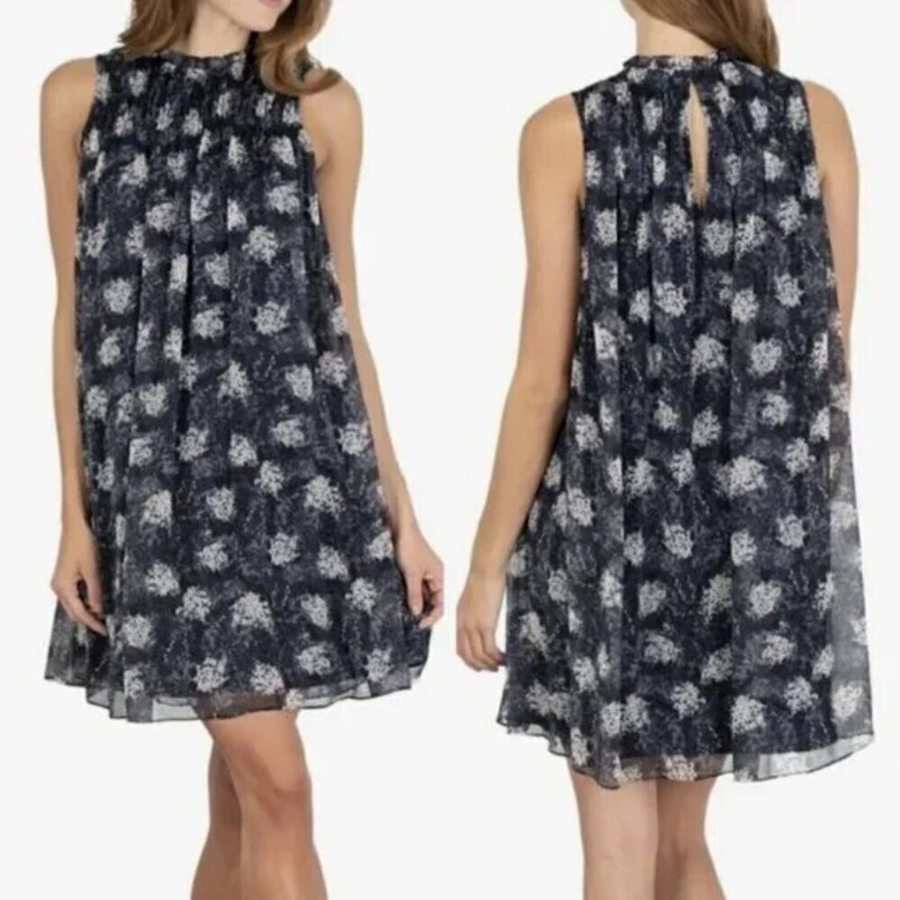 Joie Dress Sheer Overlay Floral Multi Smocked High Neck Flowy Chic Casual size M